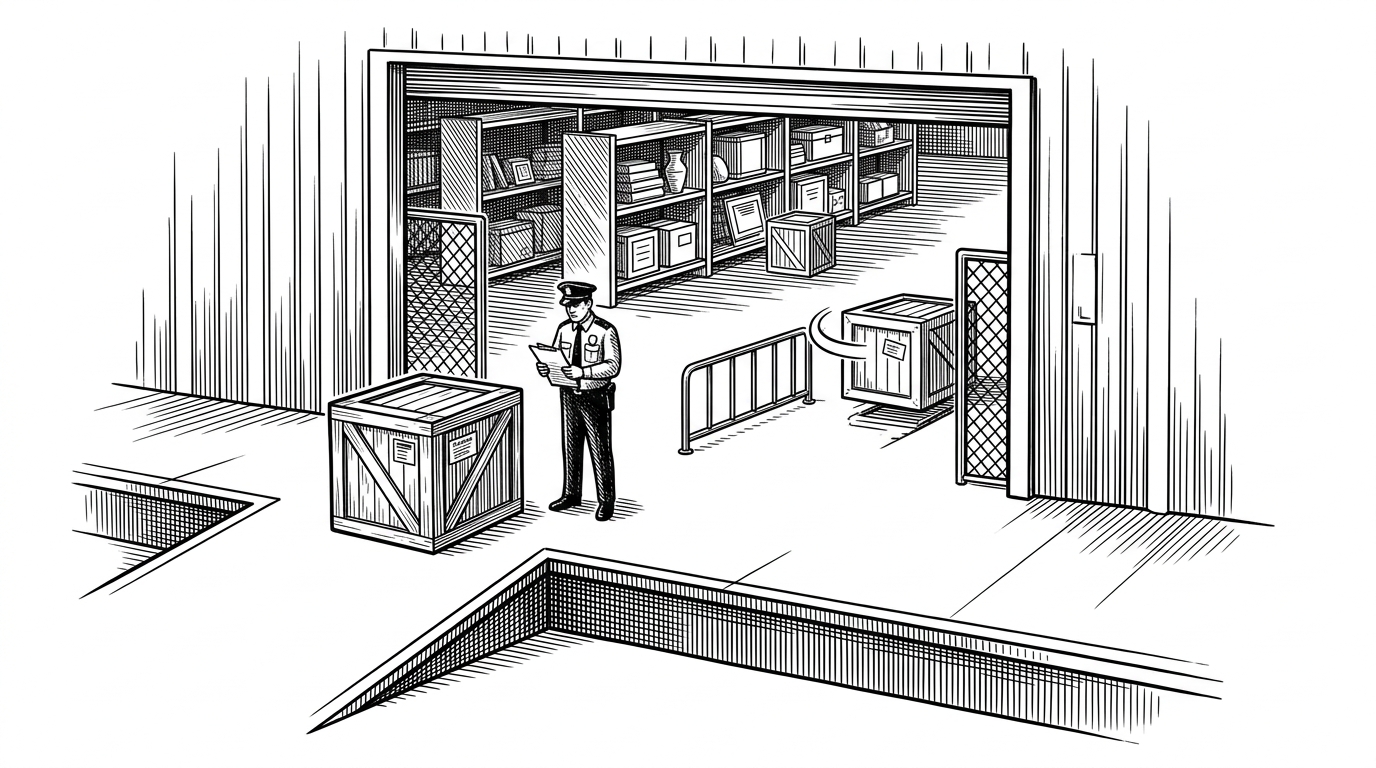 A wide editorial scene of a warehouse dock turned into a security checkpoint. A package crate is stopped at the gate while shelves of internal artifacts sit safely behind it. The image explains that this project moves the security decision to the registry boundary instead of inspecting packages after they are already inside.