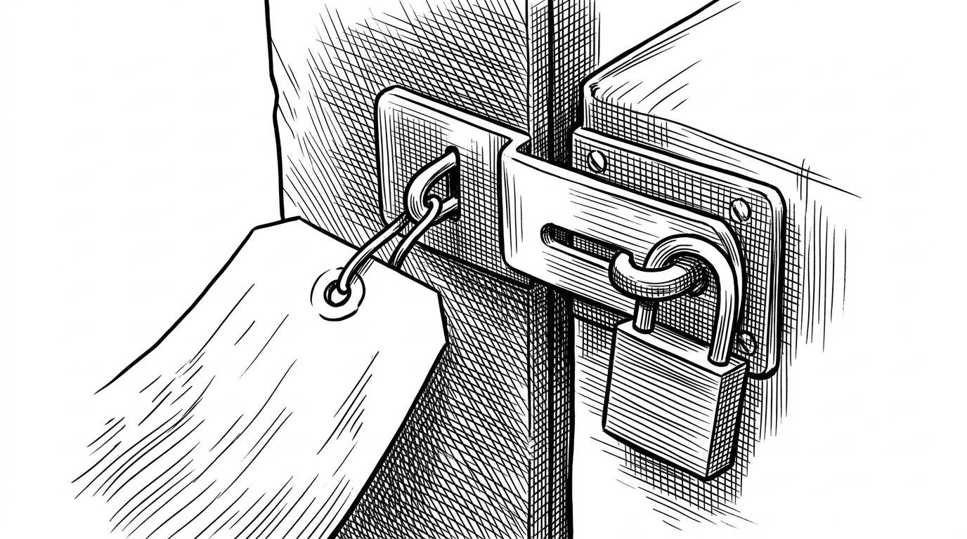 A tight close-up of a steel warehouse latch holding a package tag in place while a hidden side channel is sealed shut. The scene explains fail-closed behavior, where uncertainty does not become a bypass and the safe action is to stop the download.