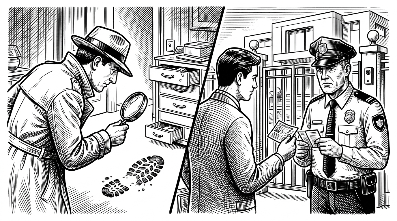 A split composition: on the left, a detective examines a muddy footprint in a robbed house; on the right, a stern guard checks ID at a fortified gate. This contrasts post-install scanning with pre-install prevention.