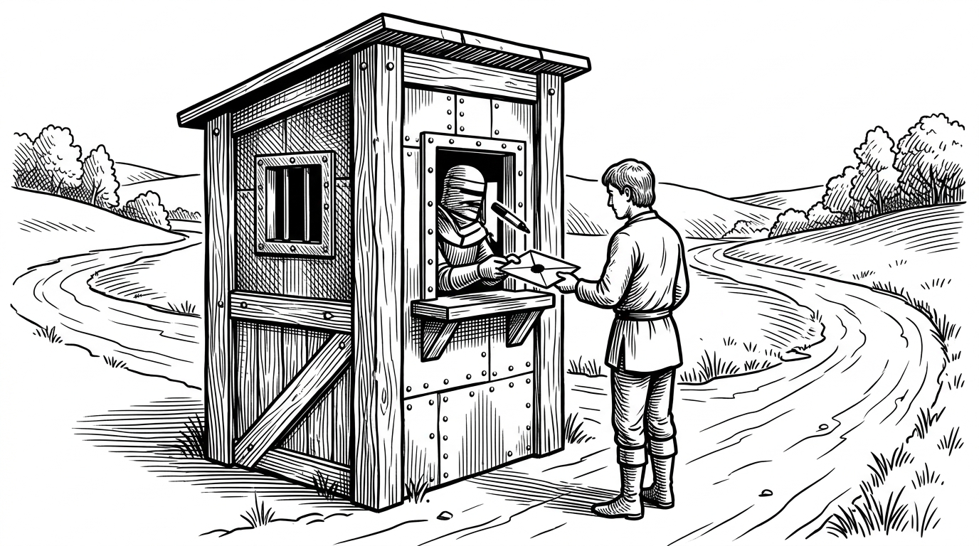 A heavily armored tollbooth on a dirt road where a toll operator redacts a single line of text from a sealed letter with a thick black marker before resealing it. This metaphorically represents Safe Chain's local MITM JSON manipulation.