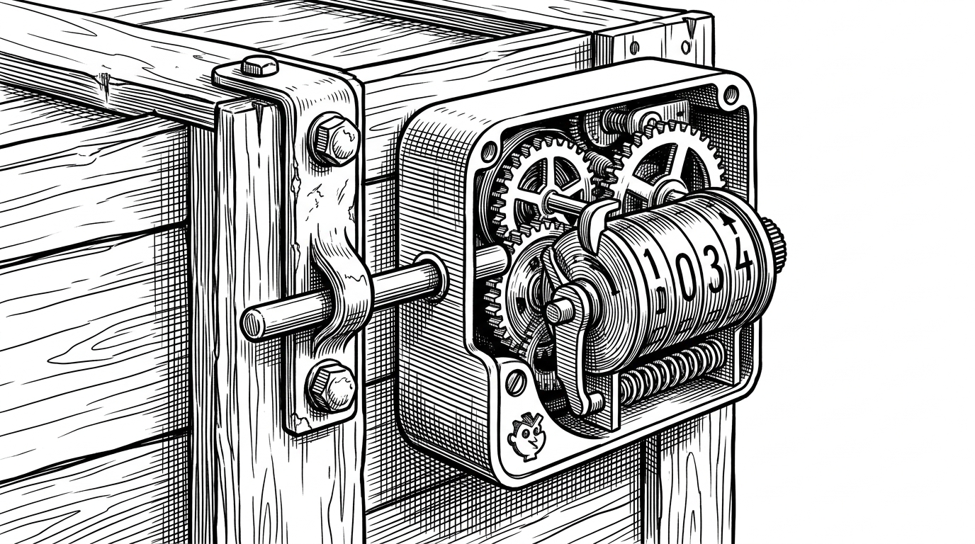 A close-up of a heavy mechanical countdown timer bolted to the latch of a wooden shipping crate, physically preventing it from being opened. This illustrates the 24-hour minimum age quarantine.