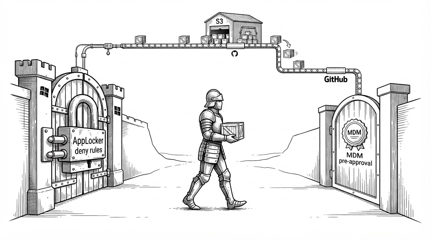 An armored courier carries a sealed crate across a white landscape of operating system gates. A Windows gate is locked by AppLocker rules, while a macOS gate is marked by MDM approval. Above them, crates drop from an S3 warehouse into a GitHub release platform. The scene explains that this repository is about distribution, trust, and persistence, not application features.