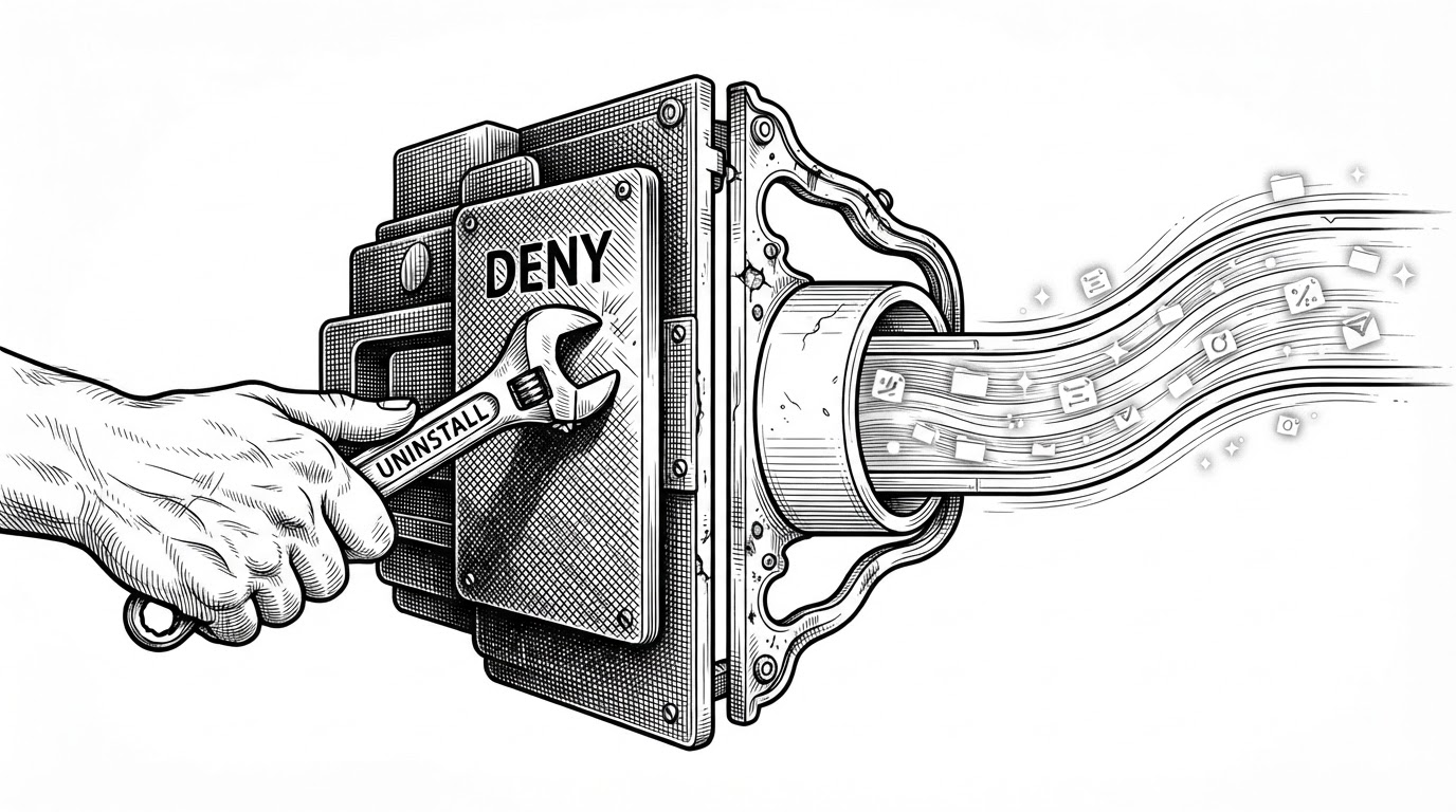 A split mechanism fills the frame. On the left, a wrench labeled Uninstall hits a rigid deny plate on a protected Windows machine. On the right, a macOS service runs through a clean signed conduit with no popup barrier. The image explains that the repo combines release distribution with anti-tamper enforcement.