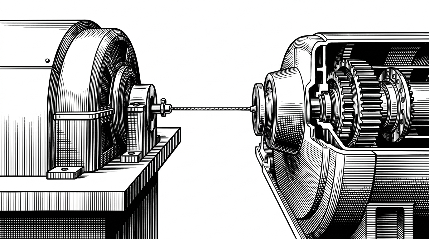 Two massive machine housings are joined by a thin bridge pin under tension, with one side built for stability and the other side built for raw access. The image explains the brittle jump from N-API convenience to V8 internals.