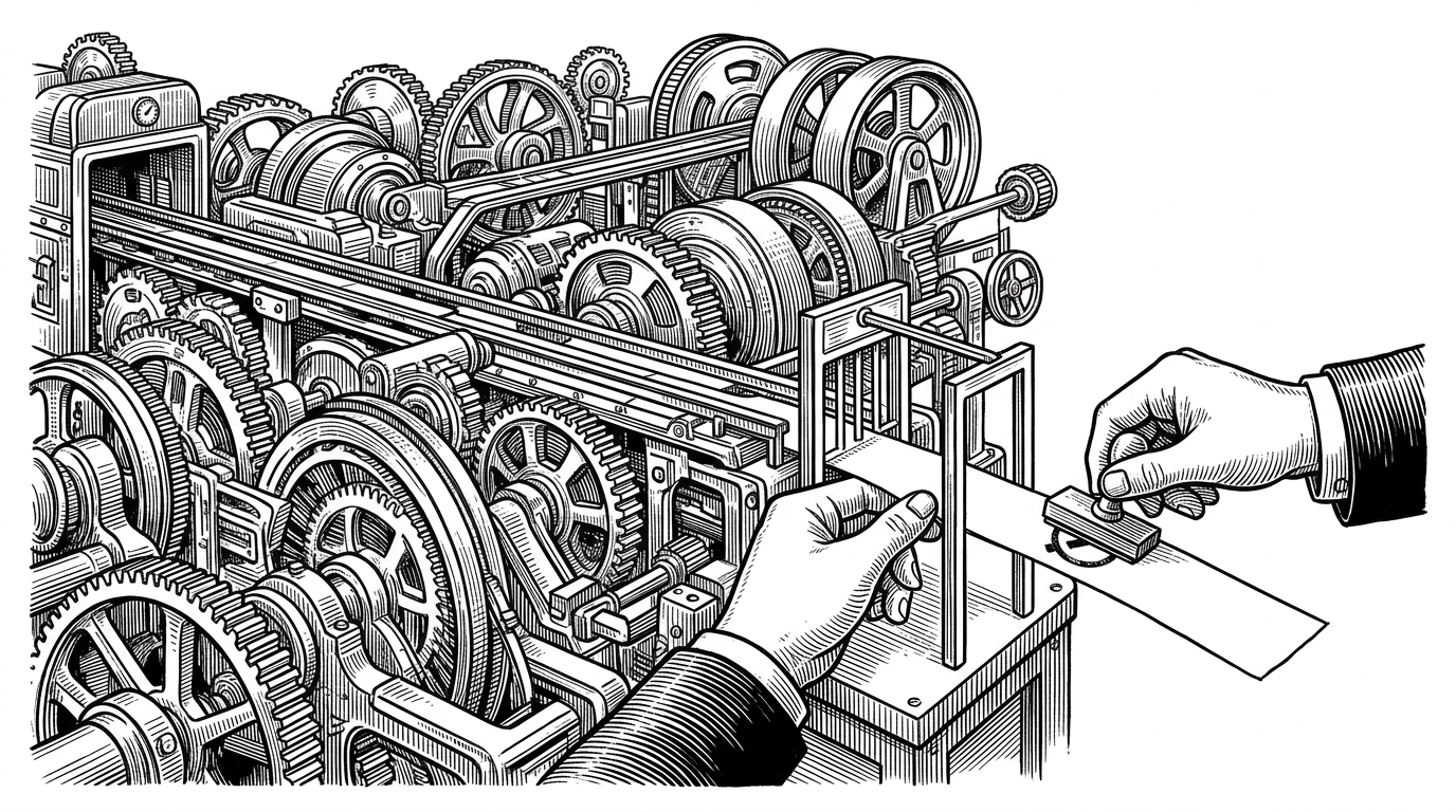 A vast engine room built from gears and rails has a narrow gate installed exactly where a strip of source text enters the machinery. The image explains how the addon intercepts code generation before execution, instead of inspecting it after the fact.