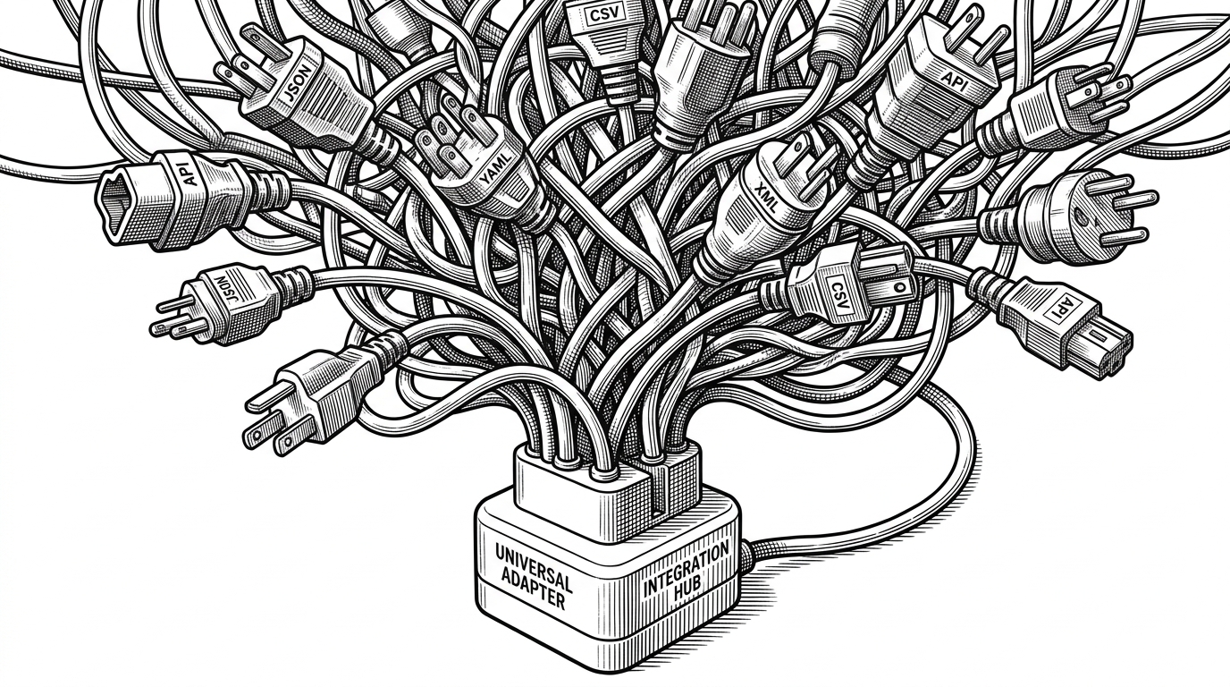 A massive tangled knot of different industrial power plugs converging into a single clean universal adapter block. This visualizes aghub's ability to unify disparate configuration formats into one standard interface.