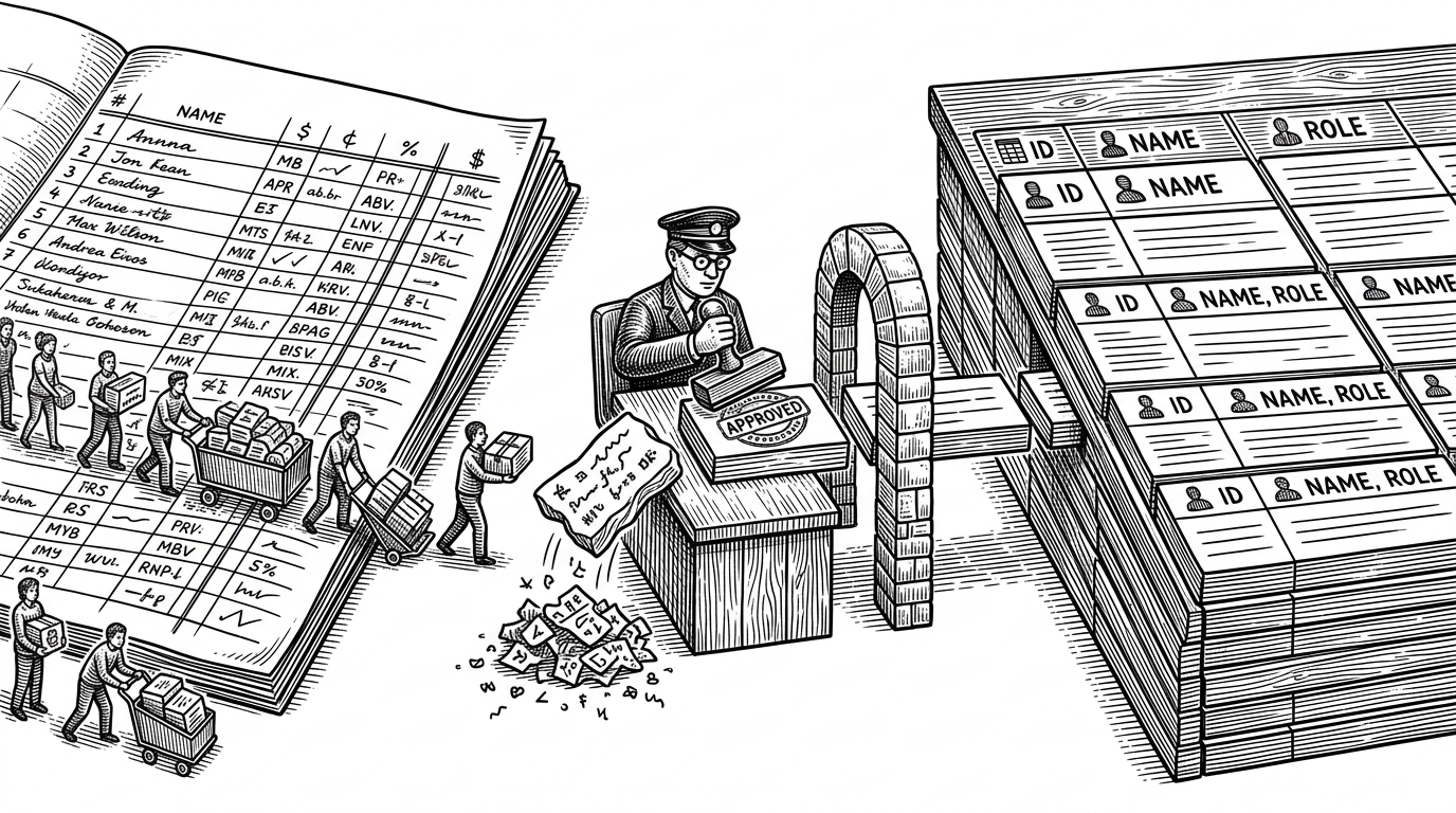 An Excel sheet on the left sends rows toward a checkpoint desk in the middle, where each row is stamped valid or rejected before it reaches a structured employee table on the right. The rejected rows are turned away, while the approved rows continue into the database. The image explains how legacy spreadsheets become trustworthy records.
