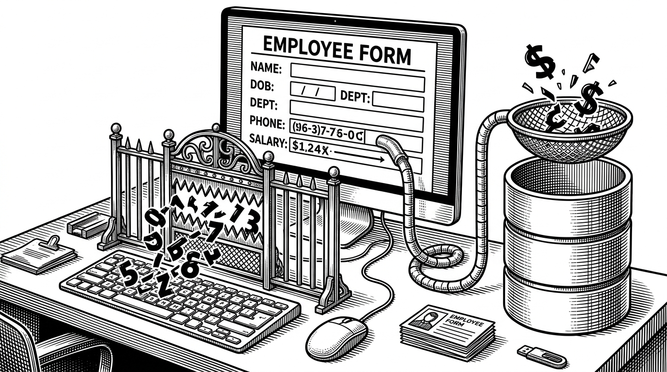 A wide desktop workstation with a modern employee form on screen, while two physical filters sit in front of the workflow. One gate blocks malformed phone input at the keyboard, and one sieve catches bad salary values before they reach a MySQL cylinder. The scene explains that the app treats validation as a layered system, not a single checkbox.