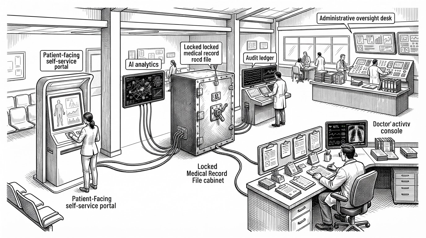 A wide command-room scene with three healthcare workstations around a central locked medical record, plus an analytics screen and an audit ledger. The image explains how the system combines role-based access, traceability, and AI insight in one product.