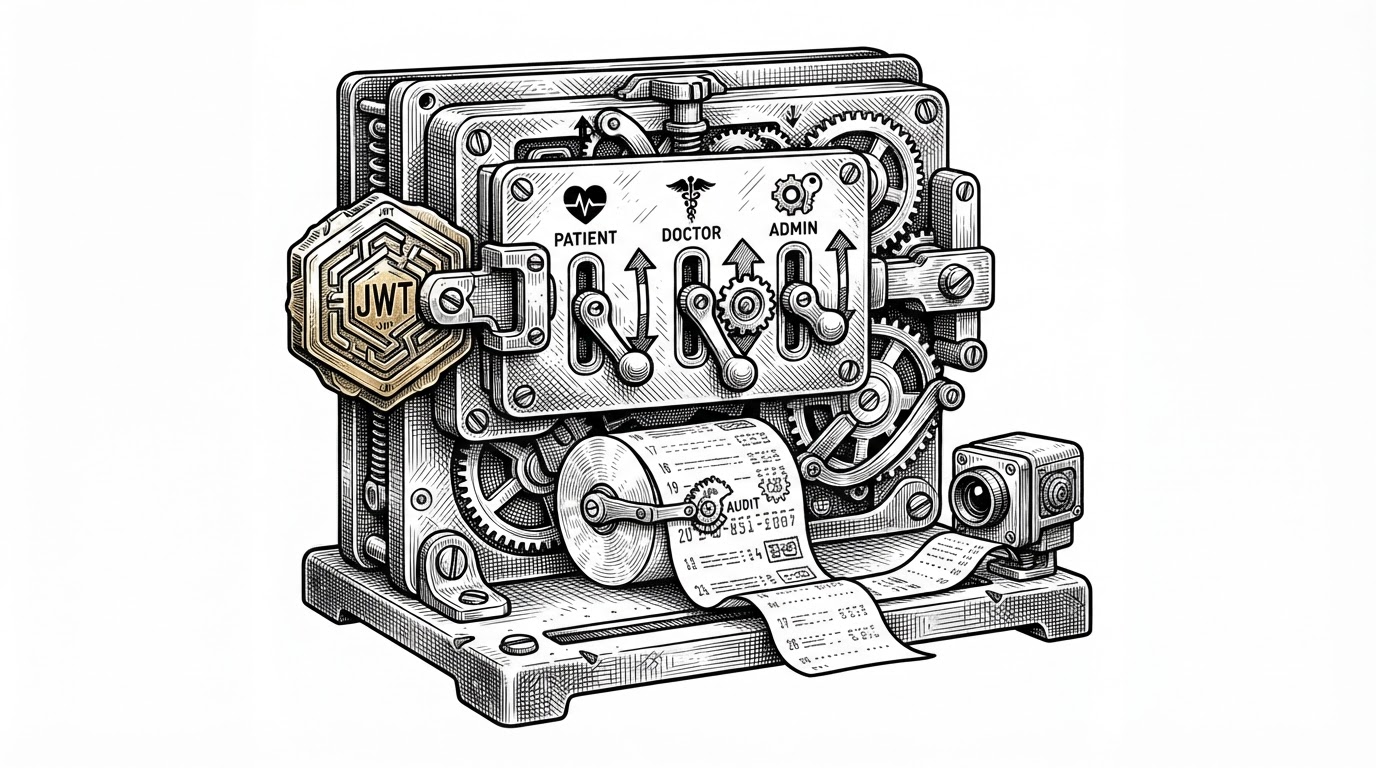 A close-up of a layered lockbox mechanism with a token seal, three role gates, and a stamped audit ledger underneath. It explains how the app enforces access control before any analytics or document output can happen.