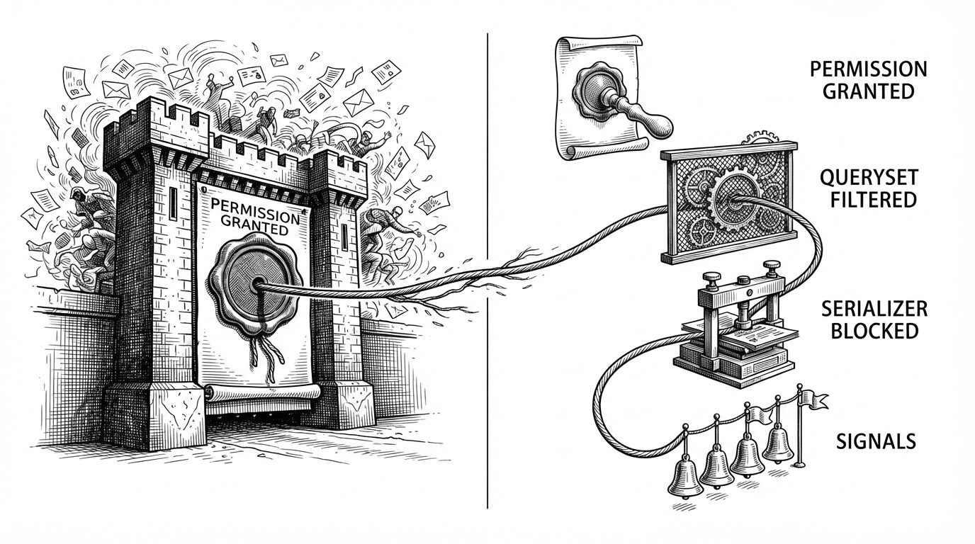 A courthouse-style ledger split into three stamped columns, with one stamp reading permission granted, another queryset filtered, and a third serializer blocked. A thin thread runs through all three columns to show the same role policy being enforced at multiple layers. The image explains why authorization in this app is layered rather than centralized.