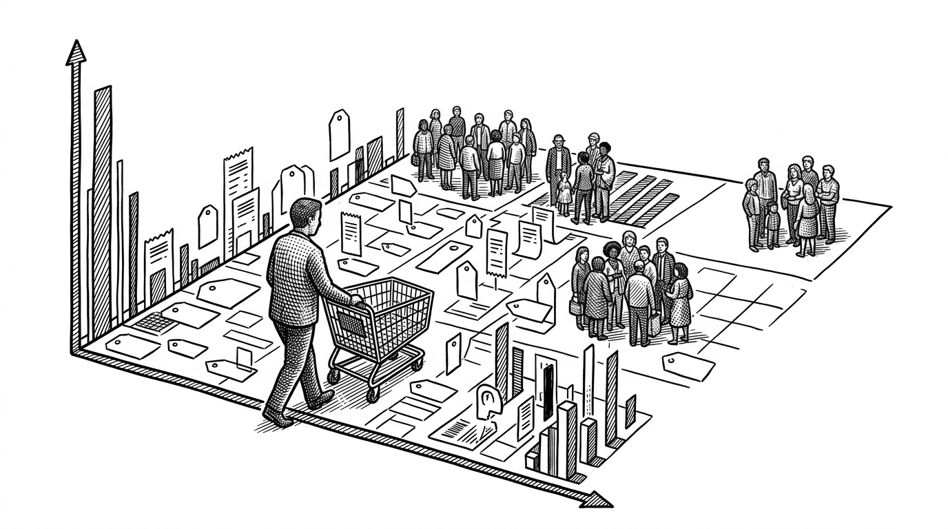 A wide retail floor is recast as a data map. Shoppers move across a grid while clusters gather around different zones, with one group separated from the rest to suggest untapped potential. The scene explains how a simple notebook can turn mall behavior into marketing segments.