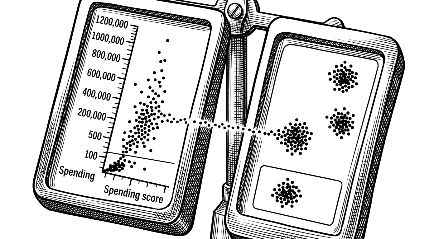 A close-up calibration instrument splits raw values into two comparable readouts. On one side, income towers above spending score. On the other, both features are normalized into the same range and dot groups become tight and readable. The image explains why scaling changes the cluster story.