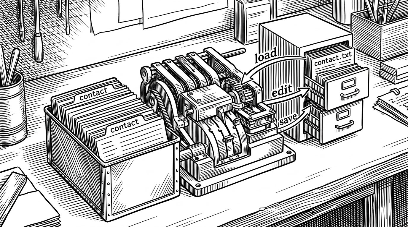 A wide workshop scene shows a compact metal address book on a workbench, with paper contact cards on one side and a small file cabinet labeled contact.txt on the other. Arrows connect the cards to the cabinet, explaining that the app keeps contacts in memory during use and writes them back to disk when it saves.