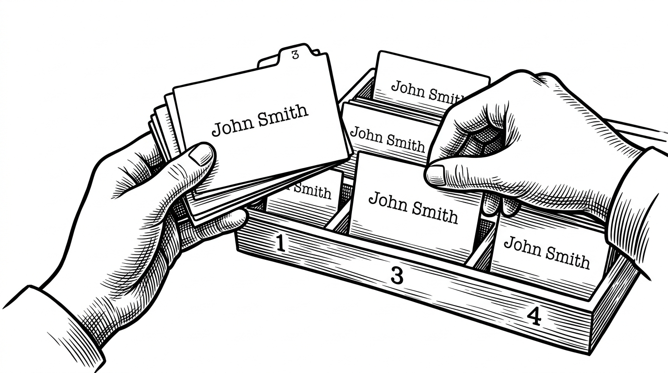 A close-up shows several nearly identical index cards with the same name being sorted into a numbered tray. One card has a small tab that marks the selected match, showing that the program does not stop at the first hit when names repeat.