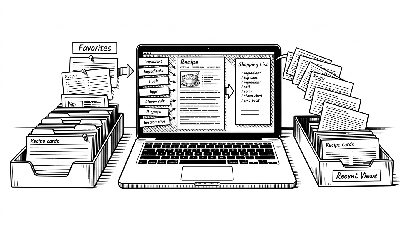 A workbench is split into two systems. On one side, recipe cards flow into a labeled Favorites tray. On the other, viewed cards drop into a Recent Views inbox. A laptop in the center shows a recipe page where a messy ingredient list becomes a clean shopping list. The scene explains how the app uses different kinds of memory for different jobs.