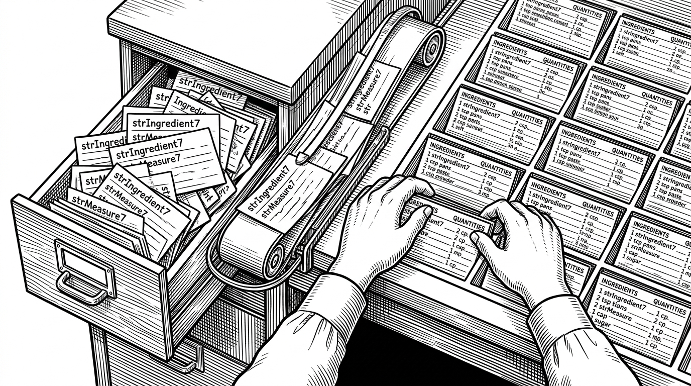 A close-up desk shows messy recipe index cards spilling from a drawer, each tagged with numbered ingredient and measure labels. On the other side, hands sort those cards into a clean grid of ingredient rows with quantities. A narrow conveyor line connects the messy input to the orderly output, explaining schema normalization.
