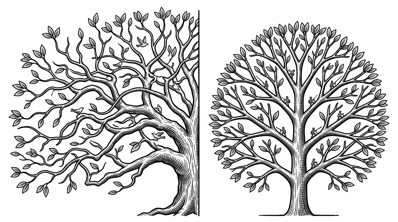 A close editorial comparison of two balancing philosophies. One side shows a looser tree leaning slightly before being corrected, while the other shows a tightly symmetrical tree with shorter search paths and fewer deviations.