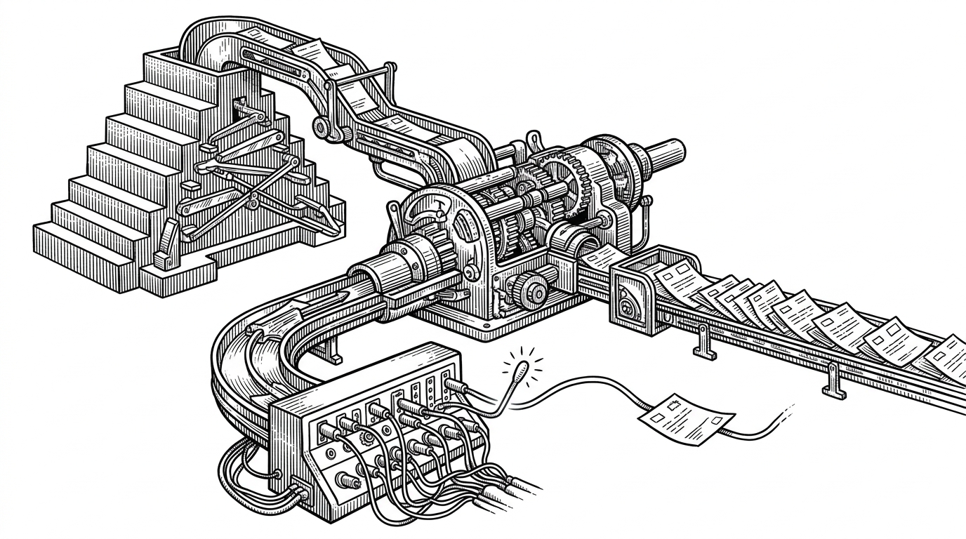 A wide black-ink editorial scene showing a trading engine as a routing machine. One order enters a branching mechanism and takes the shortest path through three distinct subsystems: a price ladder, a FIFO order queue, and a direct lookup switchboard.