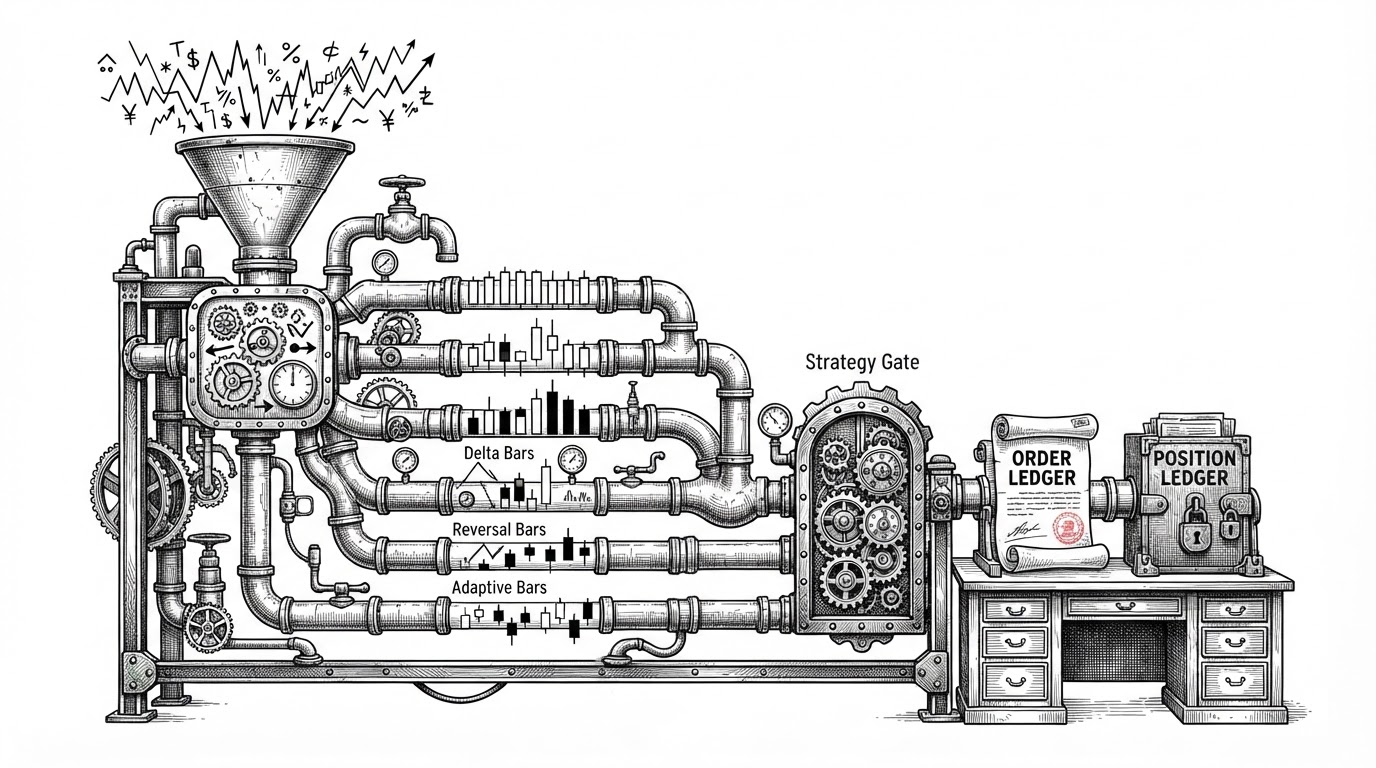A close-up mechanical pipeline shows raw market data entering a central routing block and splitting into several candle types before reaching strategy logic and ledgers. The image explains that OsEngine treats market time as a configurable layer rather than a fixed assumption.