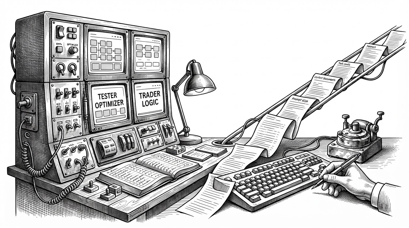 A trader's workstation shown as a hybrid machine room, with a terminal, stacked workflow panels, and a thin prompt rail feeding in context documents. The image explains how a desktop trading platform can stay human-operated while becoming legible to AI agents.