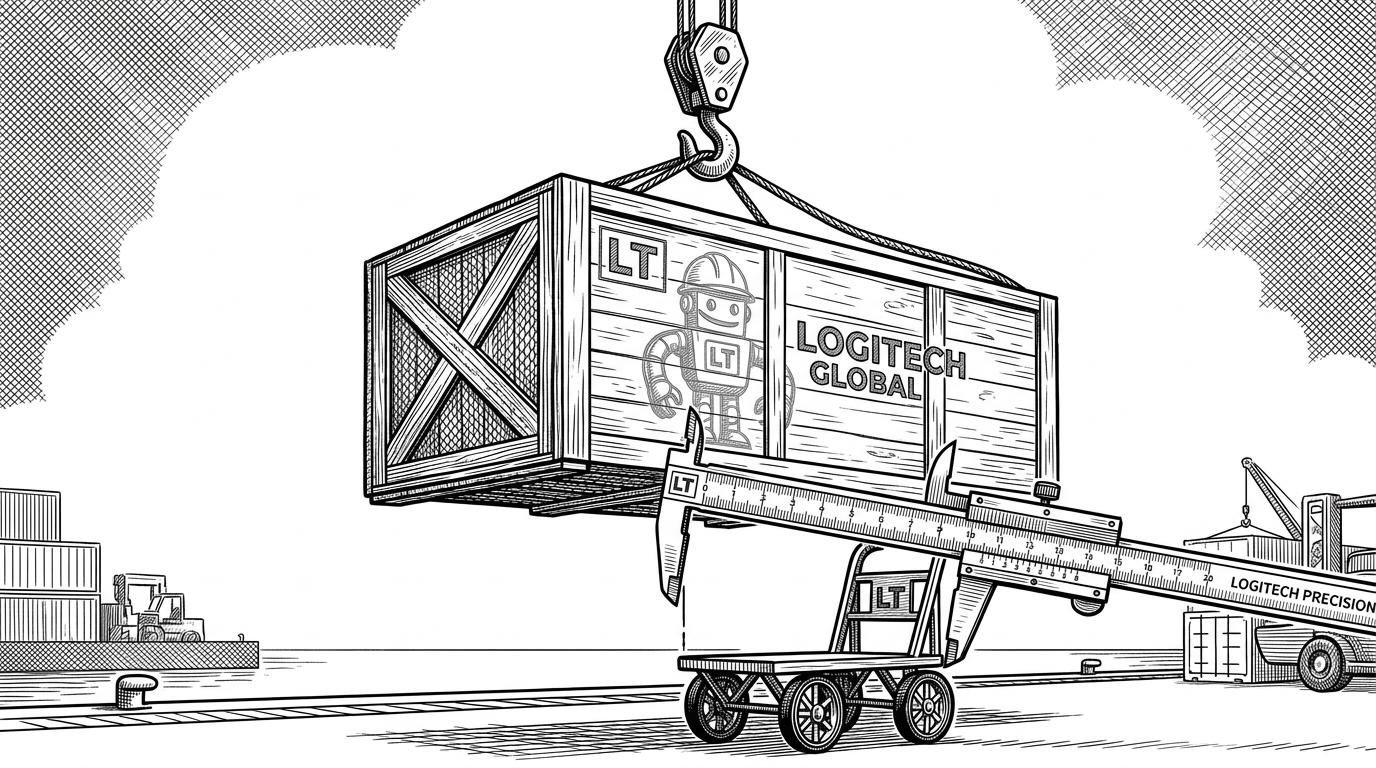 A massive shipping crate suspended by a crane hook over a small hand truck, being measured by precise mechanical calipers. This illustrates llmfit measuring model requirements against hardware capacity before downloading.