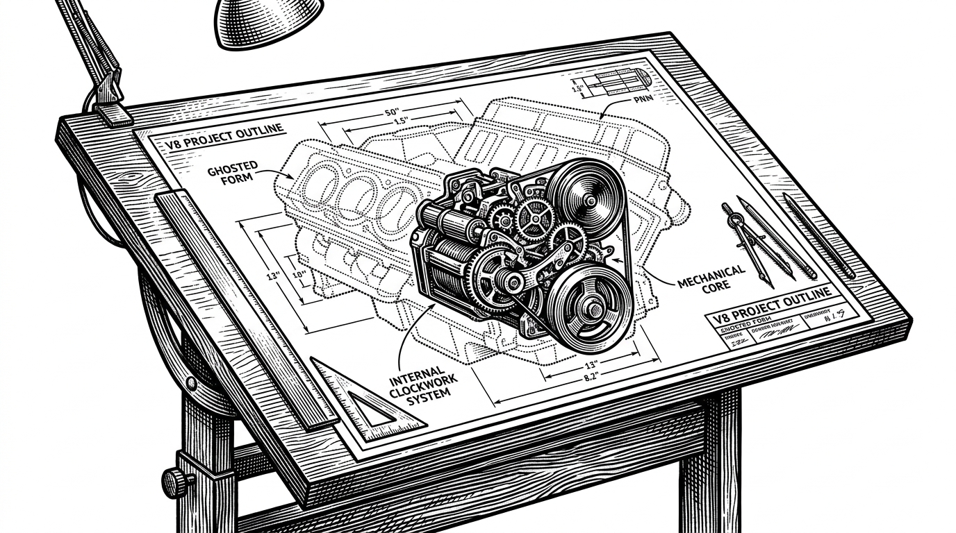 A drafting table with a blueprint showing a ghosted V8 engine block containing a smaller solid mechanical clockwork engine. This represents the gap between current hardware and required hardware.
