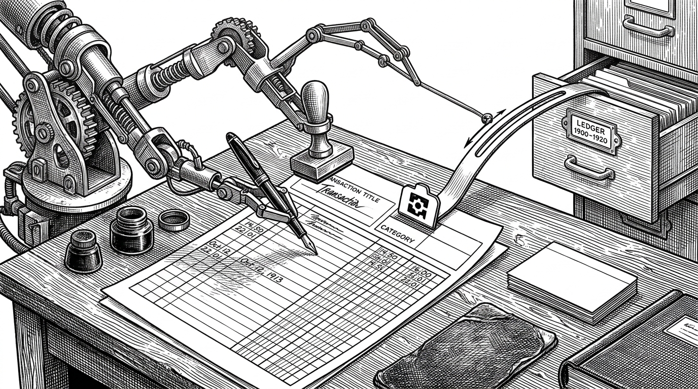 A close-up of a transaction form where a mechanical serializer hand fills in missing fields before the entry reaches the ledger. One path writes a fallback title, another assigns a category, and the last sends the record onward without stopping the flow. The image explains the app’s soft-validation philosophy.