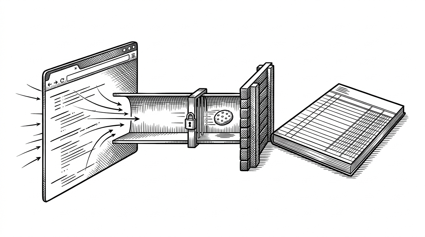 A browser window and a paper ledger face each other across a locked corridor, with a token passing through a narrow gate and a CORS barrier standing between the two sides. The image explains that LedgerFlow’s real story is the fragile handshake between frontend and backend, not the dashboard itself.
