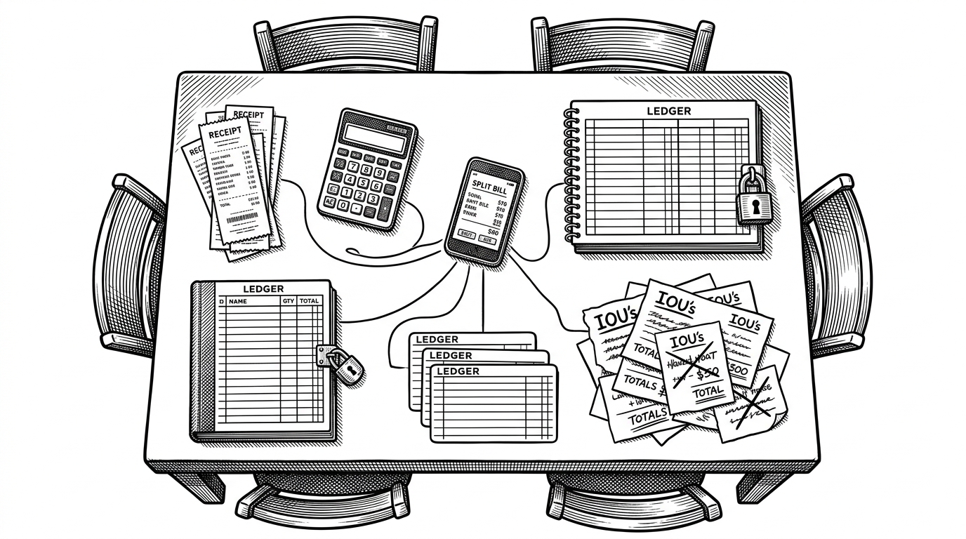A dinner table seen from above. Receipts, a calculator, a phone, and ledger cards are connected by ink lines into a shared accounting system, while one side stays neatly locked and the other side is cluttered with overlapping IOUs. The image explains that the real problem in bill splitting is not arithmetic, but keeping shared money legible and trusted.