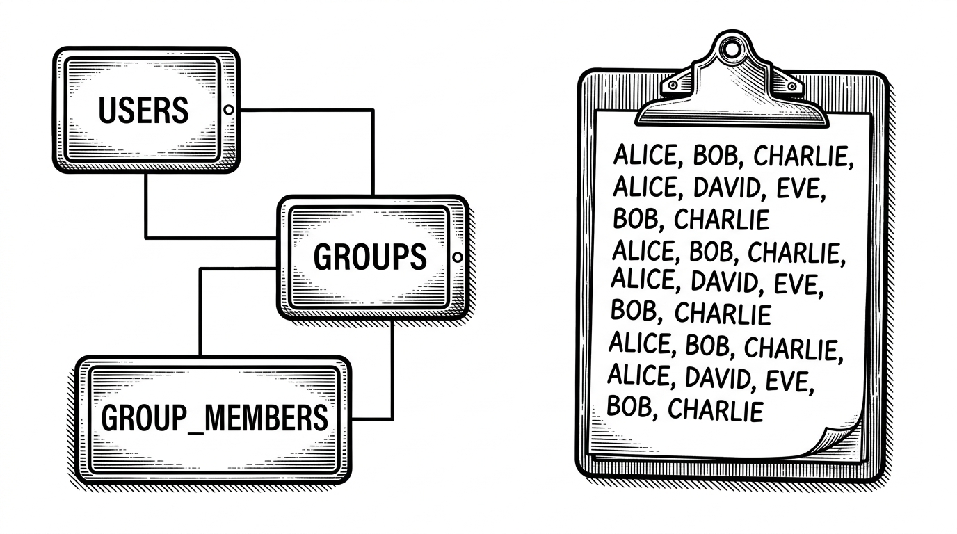 A split composition shows two database worlds. On the left, tidy nodes labeled users, groups, and group_members are connected by clean lines. On the right, a clipboard-like display stores a comma-separated members field as a shorthand list. The image explains a pragmatic compromise between relational integrity and fast display.
