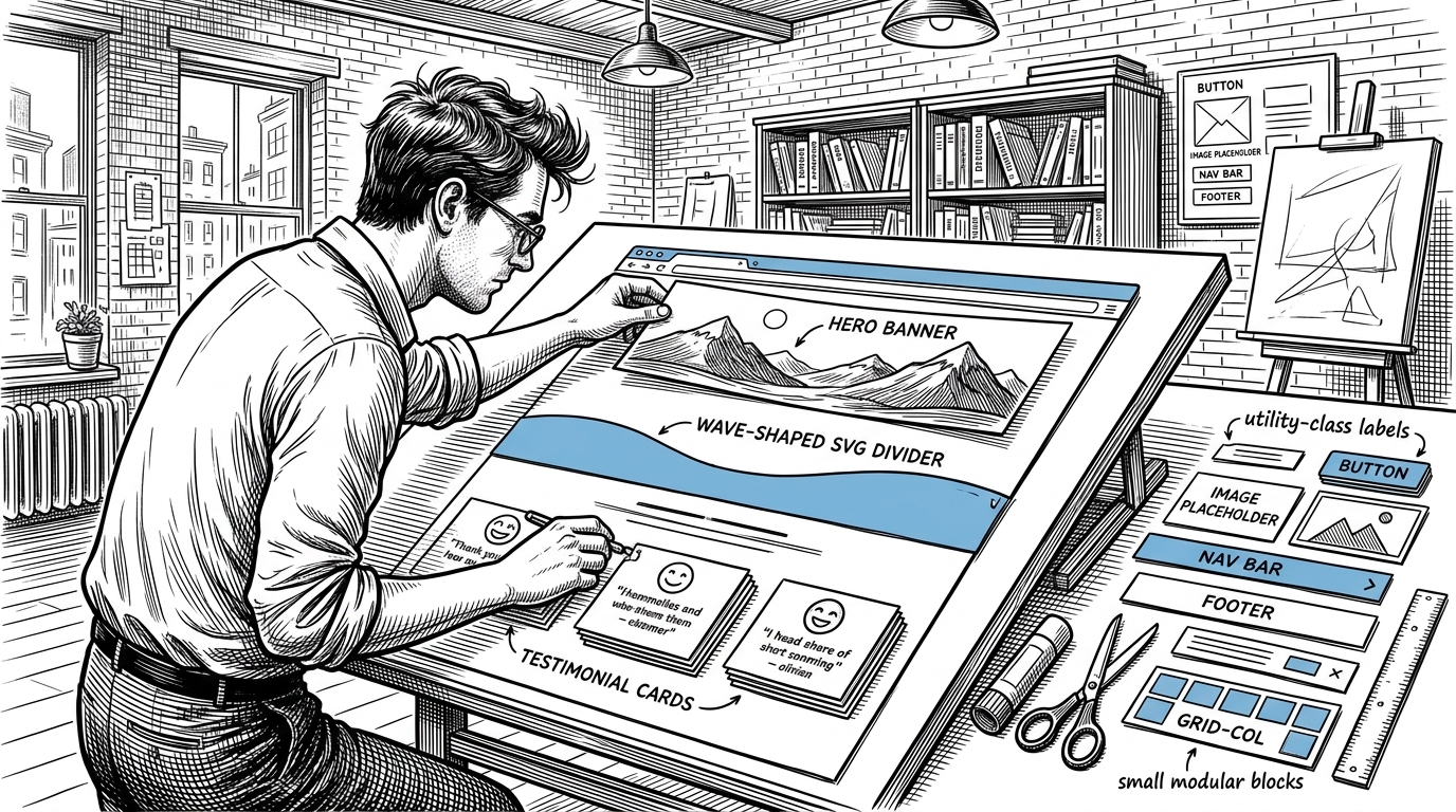 A designer at a drafting table assembles a browser window from layered paper cutouts. One layer suggests a hero section, another a wave-shaped divider, and another a stack of testimonial cards. The scene explains how the site’s premium look comes from compositional discipline and reusable UI pieces.