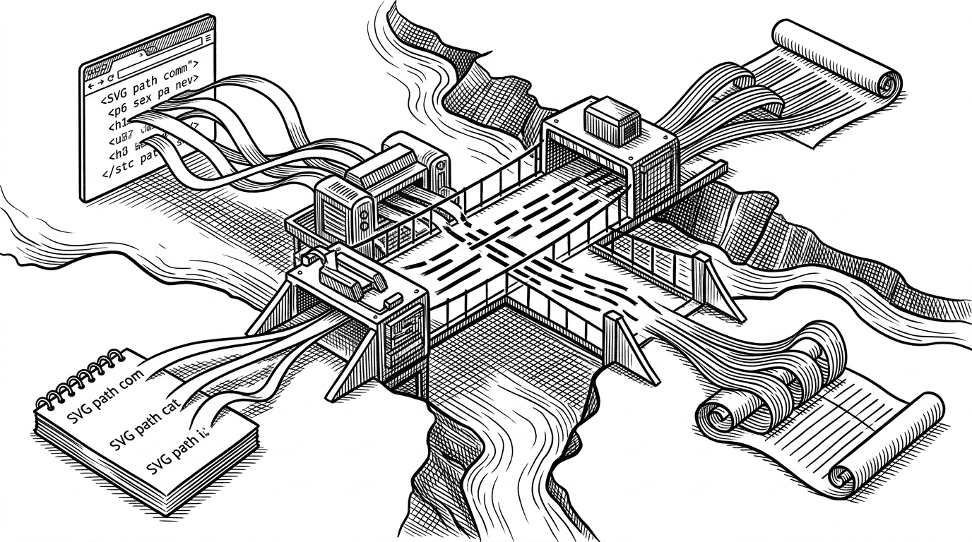 A narrow bridge spans two white rivers. On the left bank, SVG path commands spill out of a browser window like ribboned wire. On the right bank, clean InkML traces flow into an XML ledger. The scene explains that the project is a translator between web drawing and digital ink standards.