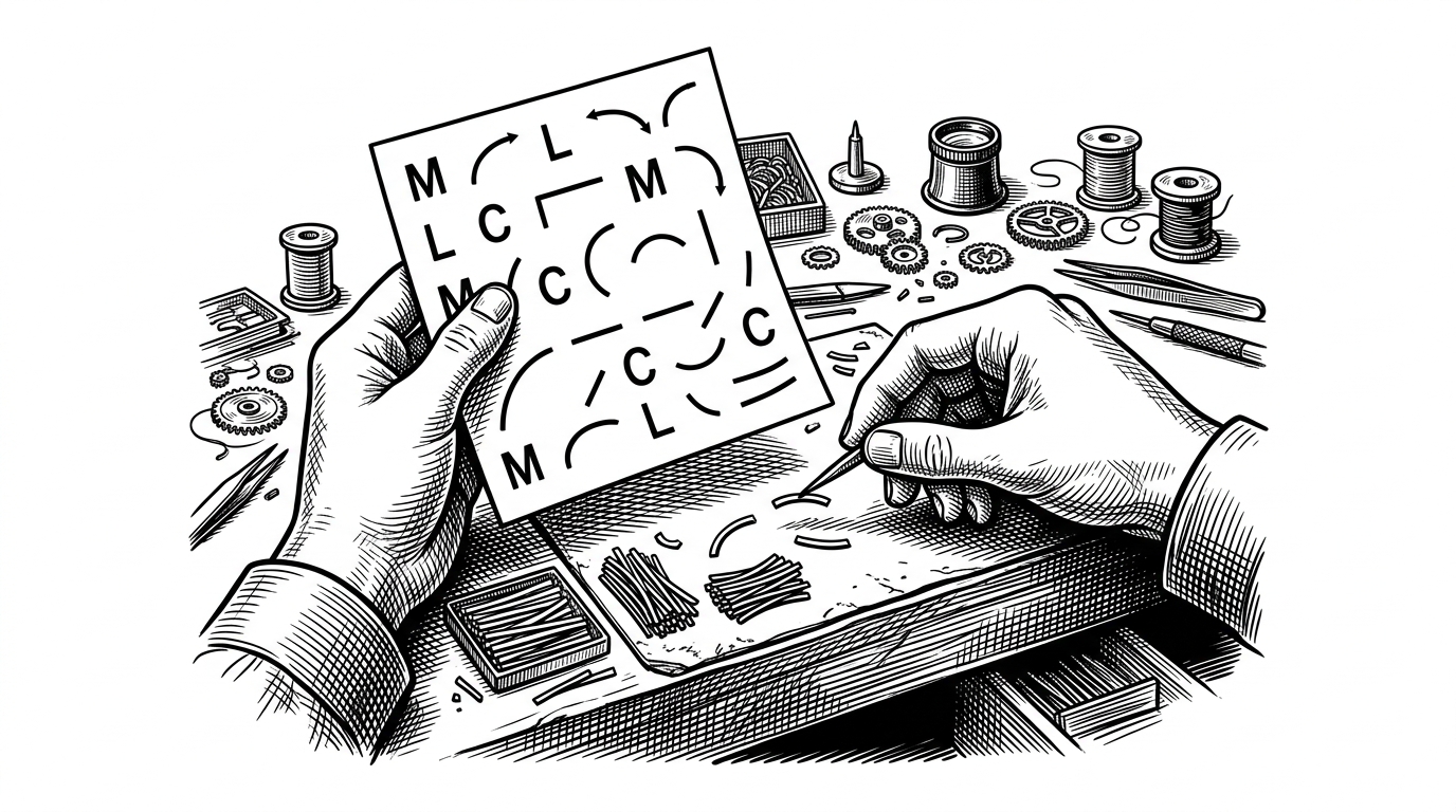 A close-up workbench shows a single path string being split into command pieces and sorted into a tidy trace bundle. One side has raw SVG command marks like M, L, and C. The other side has a clean stack of InkML trace segments. The image explains that the hard part is normalization, not simple parsing.