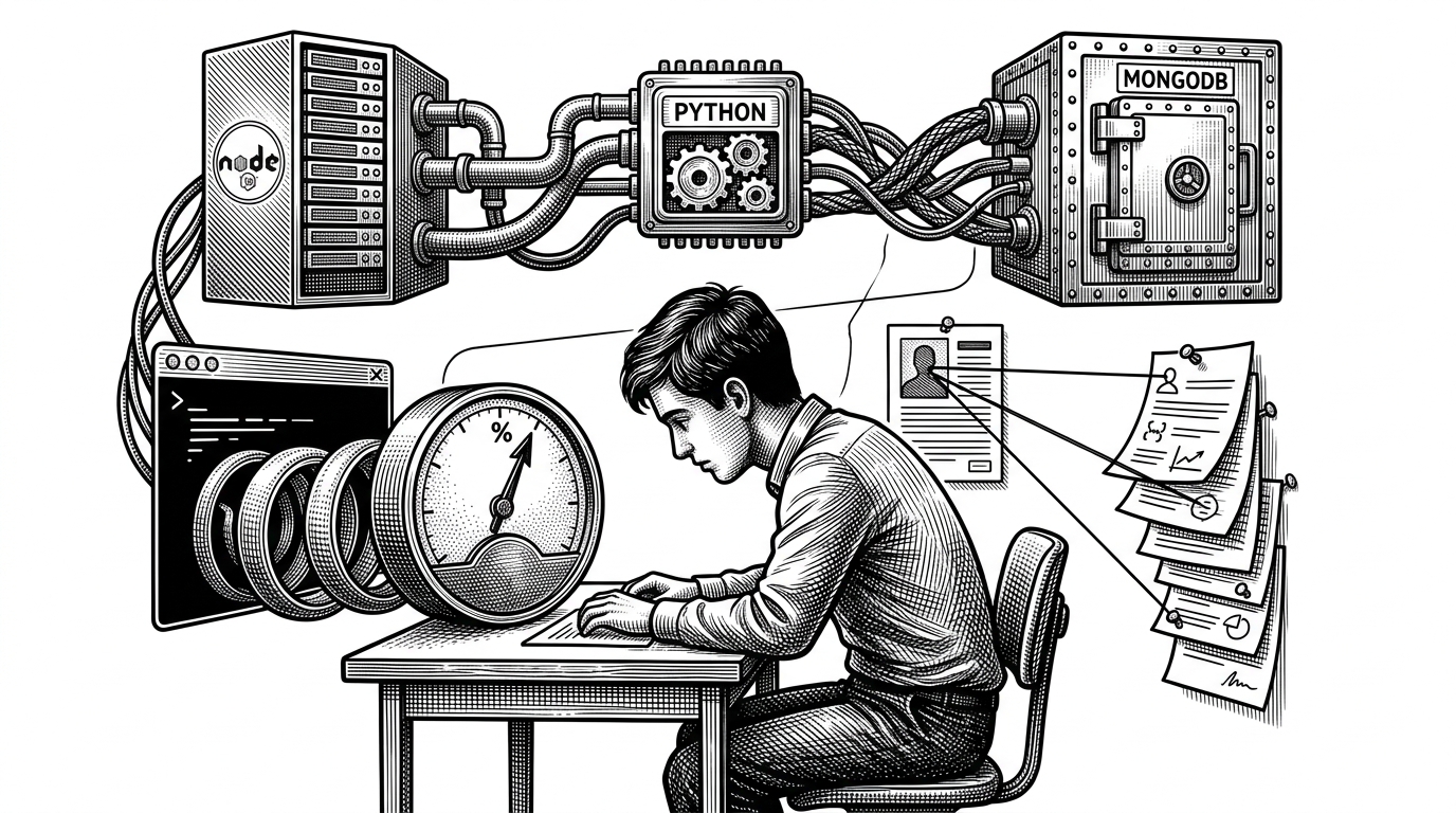 A student sits between two kinds of guidance. One side shows a placement probability emerging from a terminal, and the other side shows senior interview notes pinned like case files. A backend bridge connects Node, Python, and a database vault, showing that the app combines prediction with human precedent.