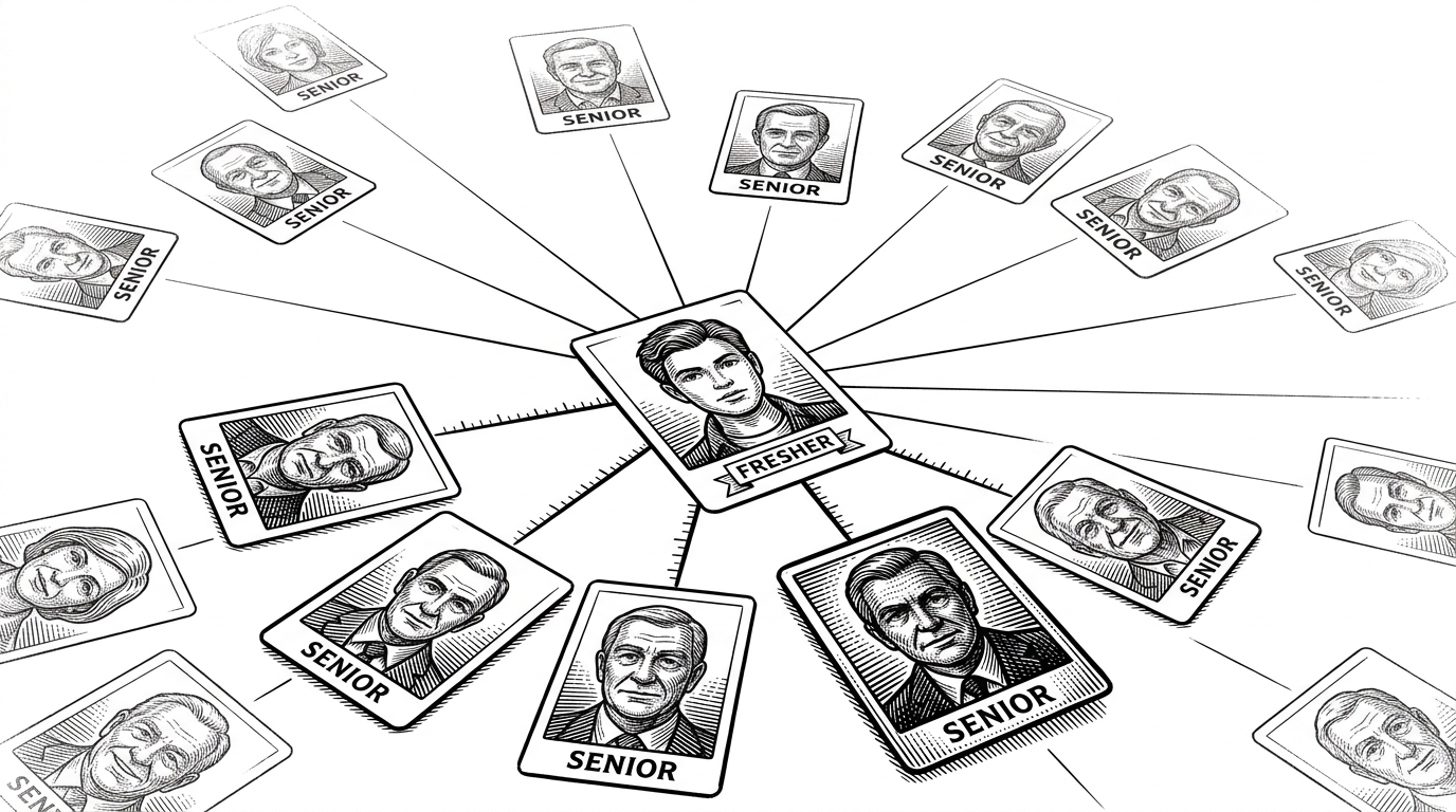 A close-up map of senior profile cards laid out around a central fresher card. Thin measurement lines radiate outward, pulling some cards closer and pushing others away. The closest matches stand out while distant cards fade, explaining how the app retrieves similar seniors using lightweight distance scoring.