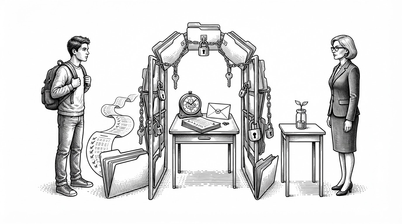 A wide editorial scene shows a student and an admin on opposite sides of a narrow gate made from folders, keys, and locks. Inside the gate sits a timed exam desk with a clock, answer sheet, and sealed result envelope, which explains that the app is about controlled access and state, not just a quiz form.