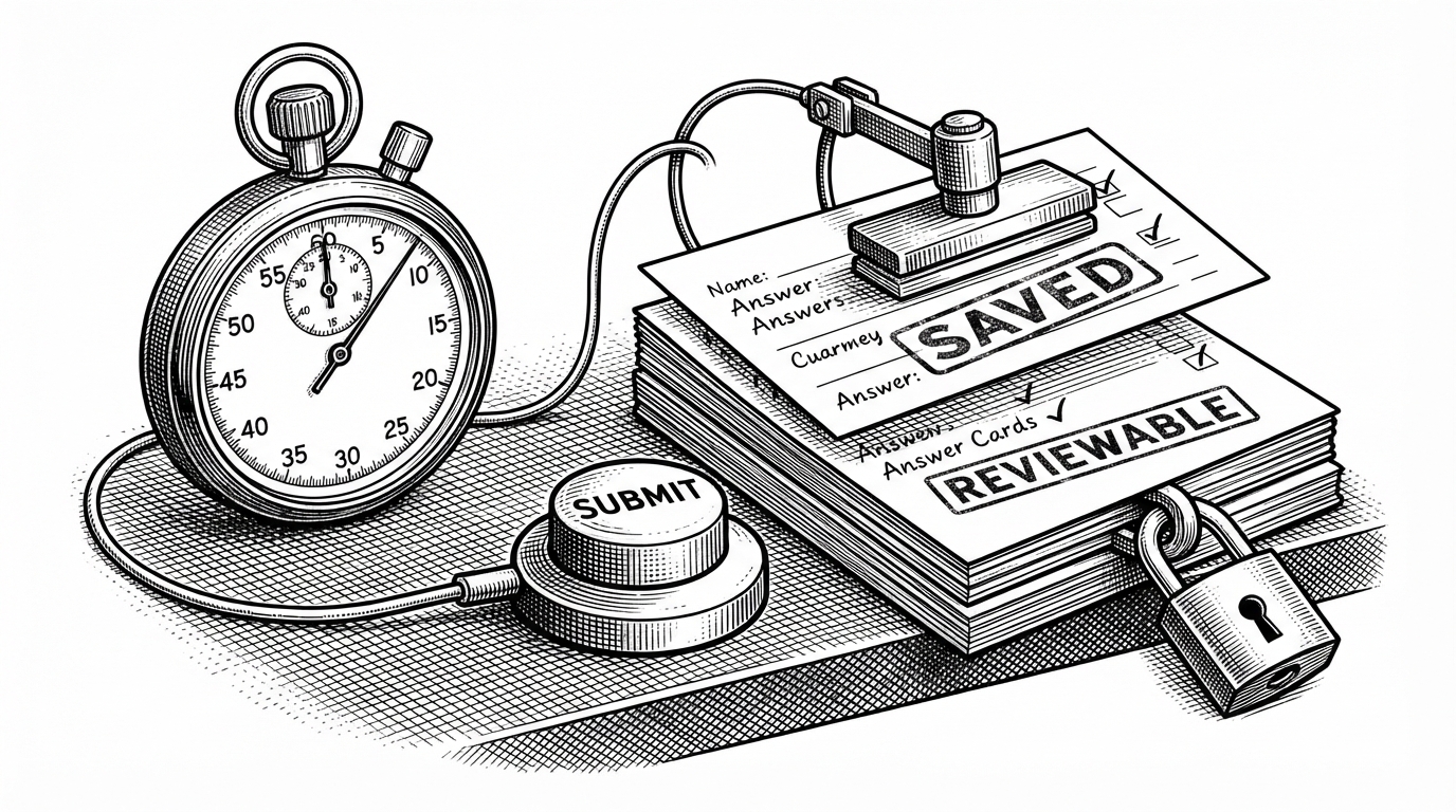 A close-up shows a stopwatch wired to a submission button and a stack of answer cards. One card is stamped saved, one reviewable, and one is blocked by a small lock, which explains how timing, persistence, and retake prevention work together.