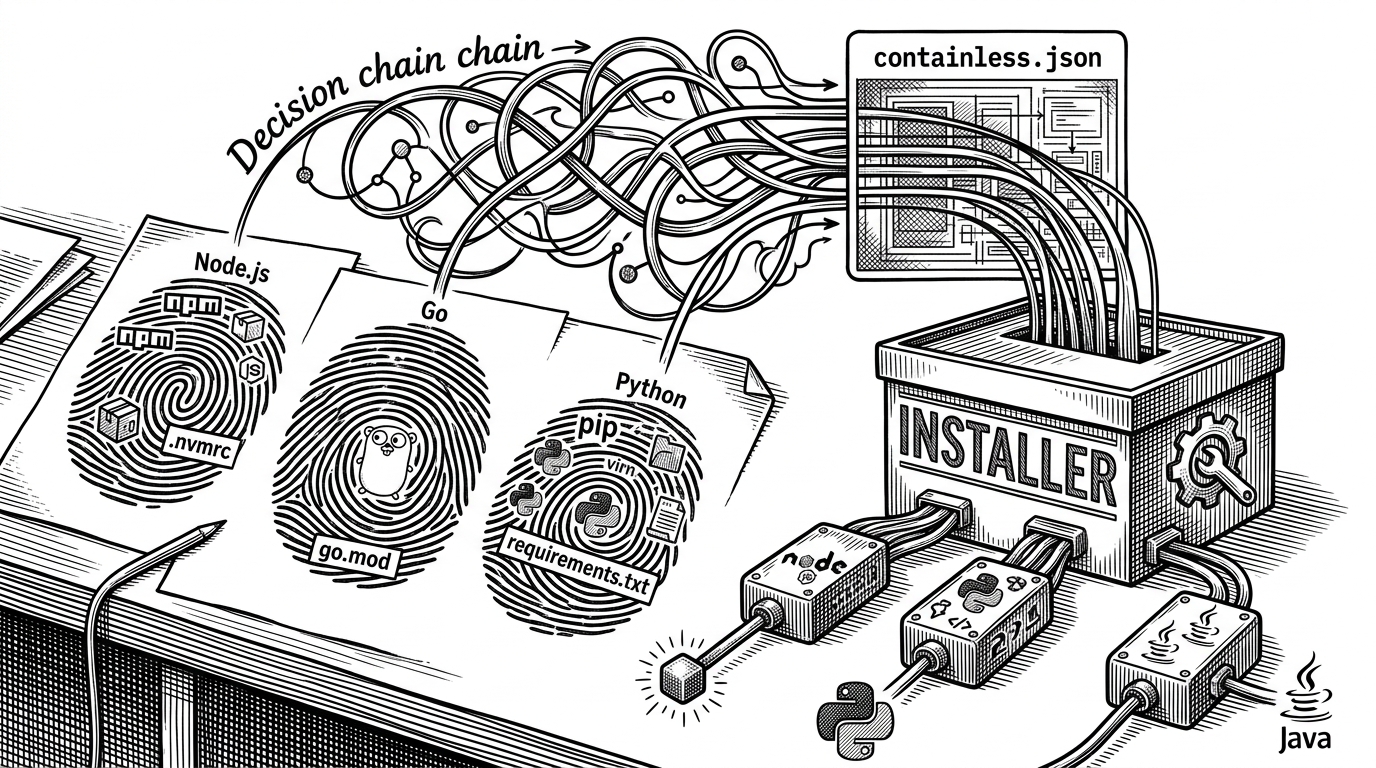 A close-up desk scene with project fingerprints such as .nvmrc, go.mod, and requirements.txt feeding a branching decision chain into a containless.json card and then into an installer box. The image explains how Containless turns scattered project clues into one runtime plan.