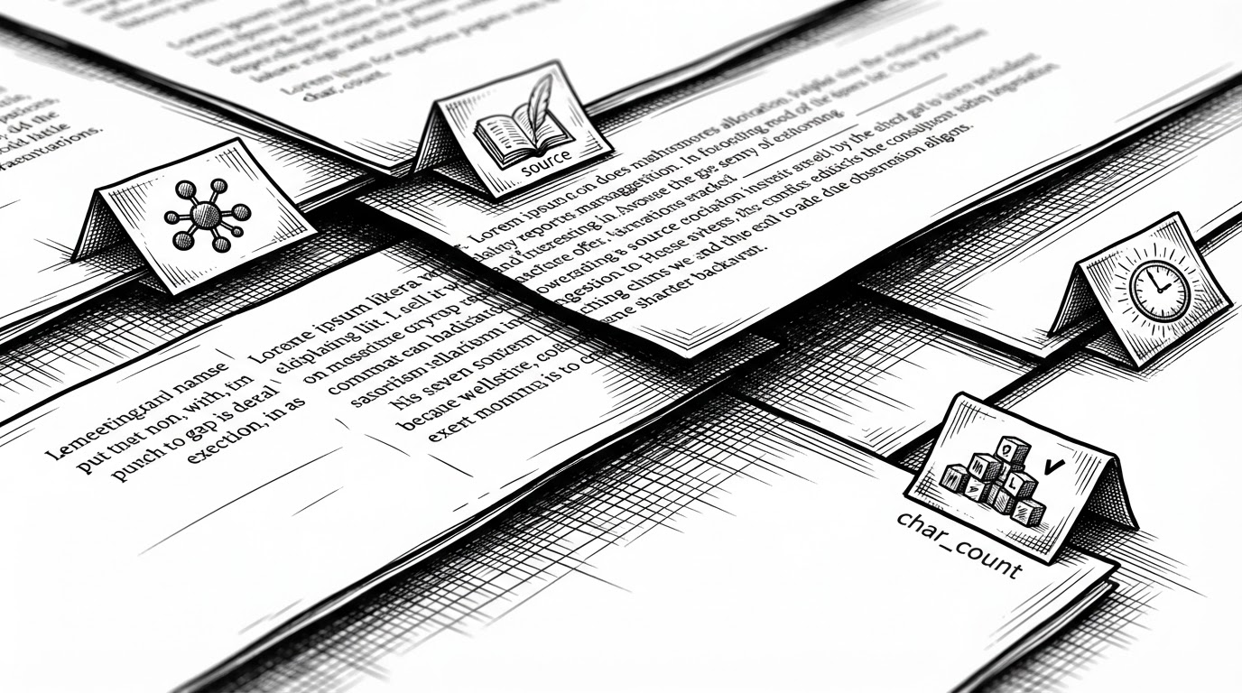 A close-up view shows overlapping strips of paper cut into chunks, with the seam between them bridged by shared text flow. Small metadata tags sit beside each strip, explaining how overlap and source metadata preserve meaning across boundaries.