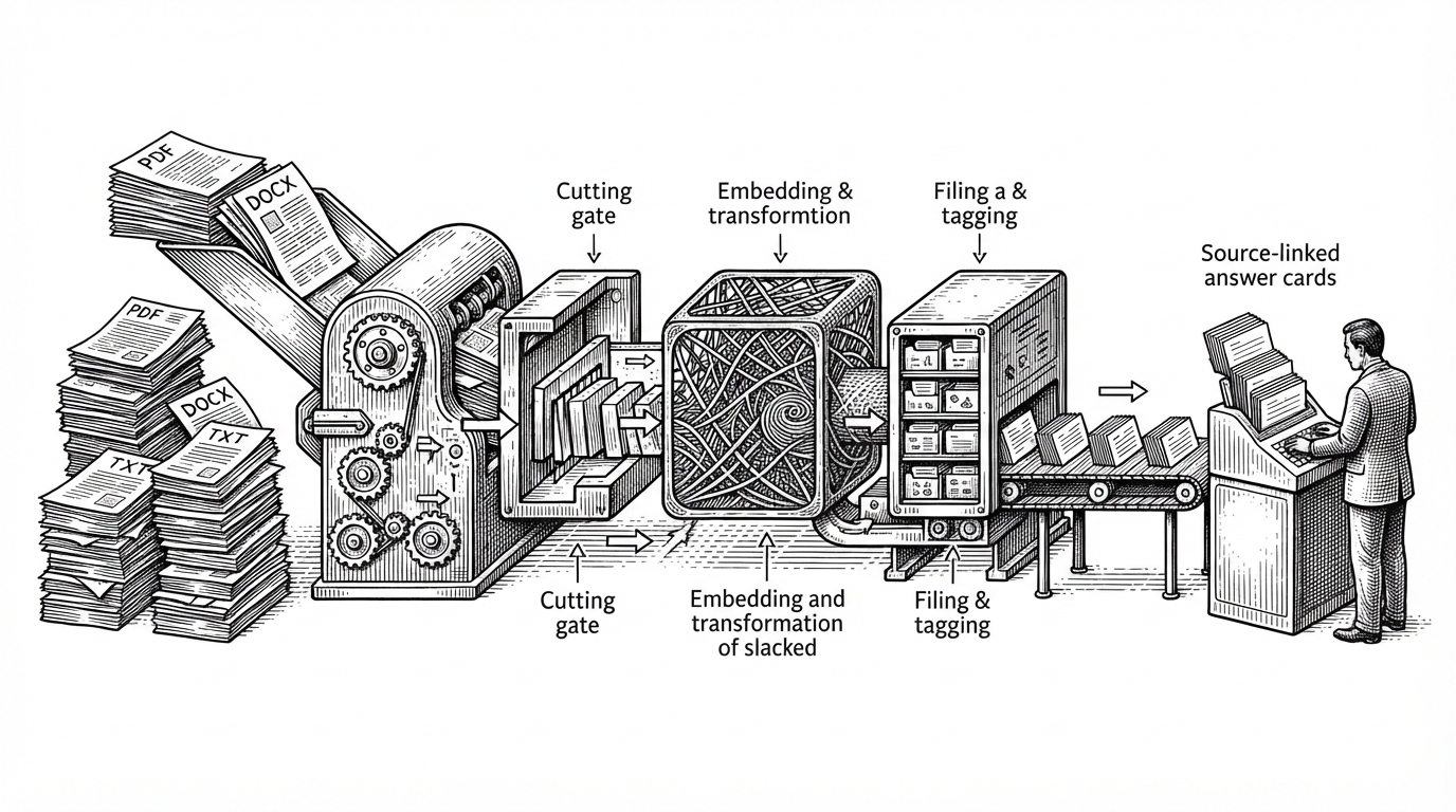 A wide editorial scene shows a stack of documents entering a mechanical indexing machine, then emerging as neat answer cards with source citations. It explains that the project is less about chat and more about transforming messy files into a reliable retrieval pipeline.