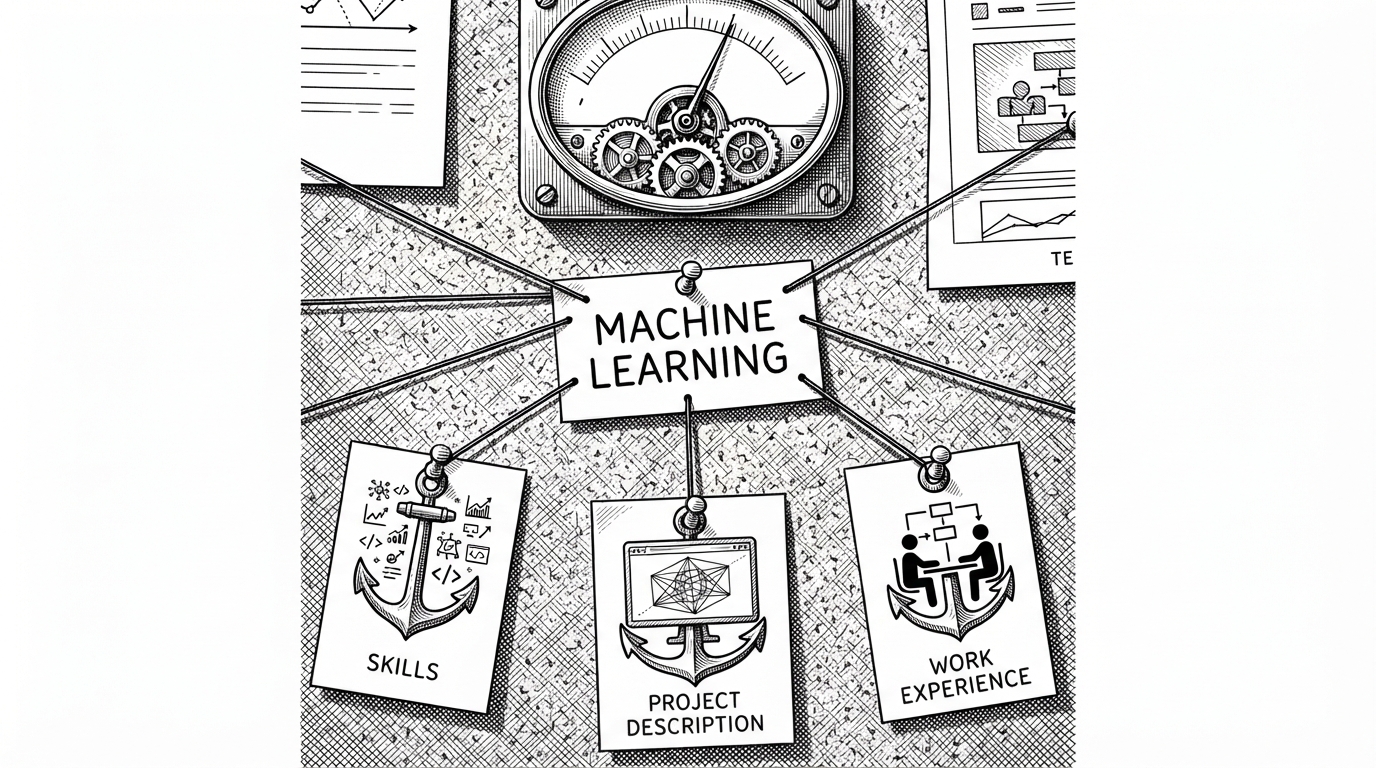 A close-up editorial illustration of one resume claim with three supporting anchors beneath it. It explains how the system strengthens a skill when it appears in multiple sections rather than relying on a single mention.