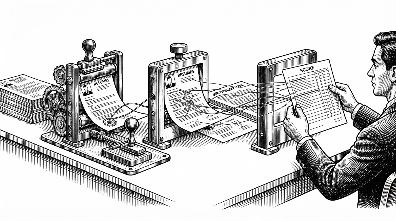 A wide editorial illustration of resumes moving through three distinct gates before a final score sheet appears. It explains that the system does not jump straight from text to verdict. It verifies claims, checks semantic fit, and then scores the result.
