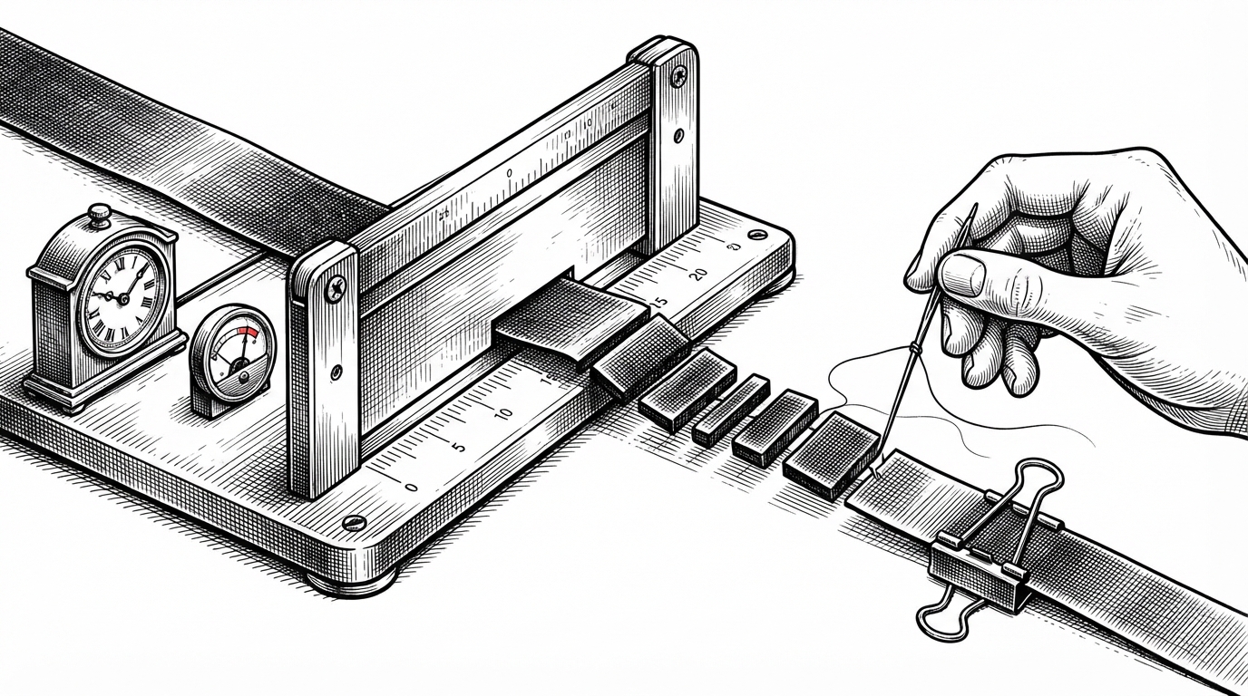 A close editorial illustration of a long audio ribbon being cut into measured segments by a calibrated blade, then rejoined into a clean strand on the other side. A small clock and API meter sit near the blade to show the limit being managed. The image explains how the system survives a short transcription window by slicing, processing, and stitching audio.
