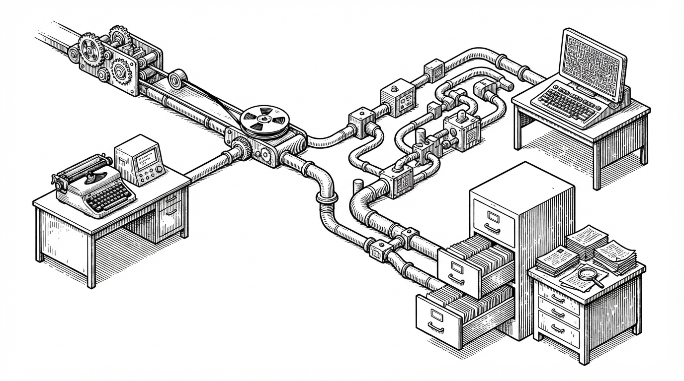 A wide black-ink editorial illustration of a mechanical pipeline carrying a reel of audio tape through a split checkpoint. One lane routes to an English transcription desk, the other to a Hinglish desk, and both feed into a cabinet of indexed cards and a question counter. The image explains that this repo is not just a chatbot, but a routing system for messy video understanding.