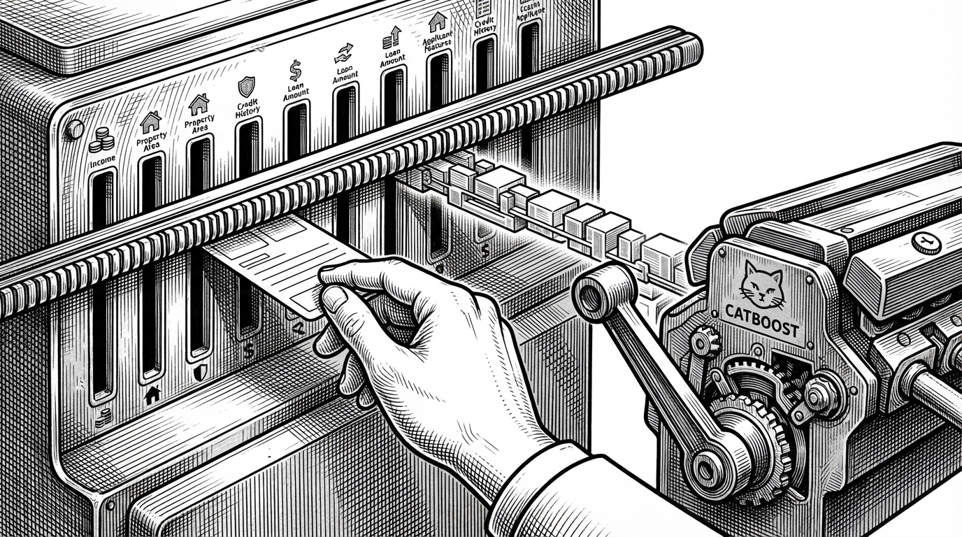 A close-up mechanical panel with 16 slots, each slot receiving one applicant feature and locking it into position. The panel shows a strict alignment rail, a scaling lever, and a final gate that sends the feature vector into a CatBoost engine, explaining how raw input becomes model-ready data.