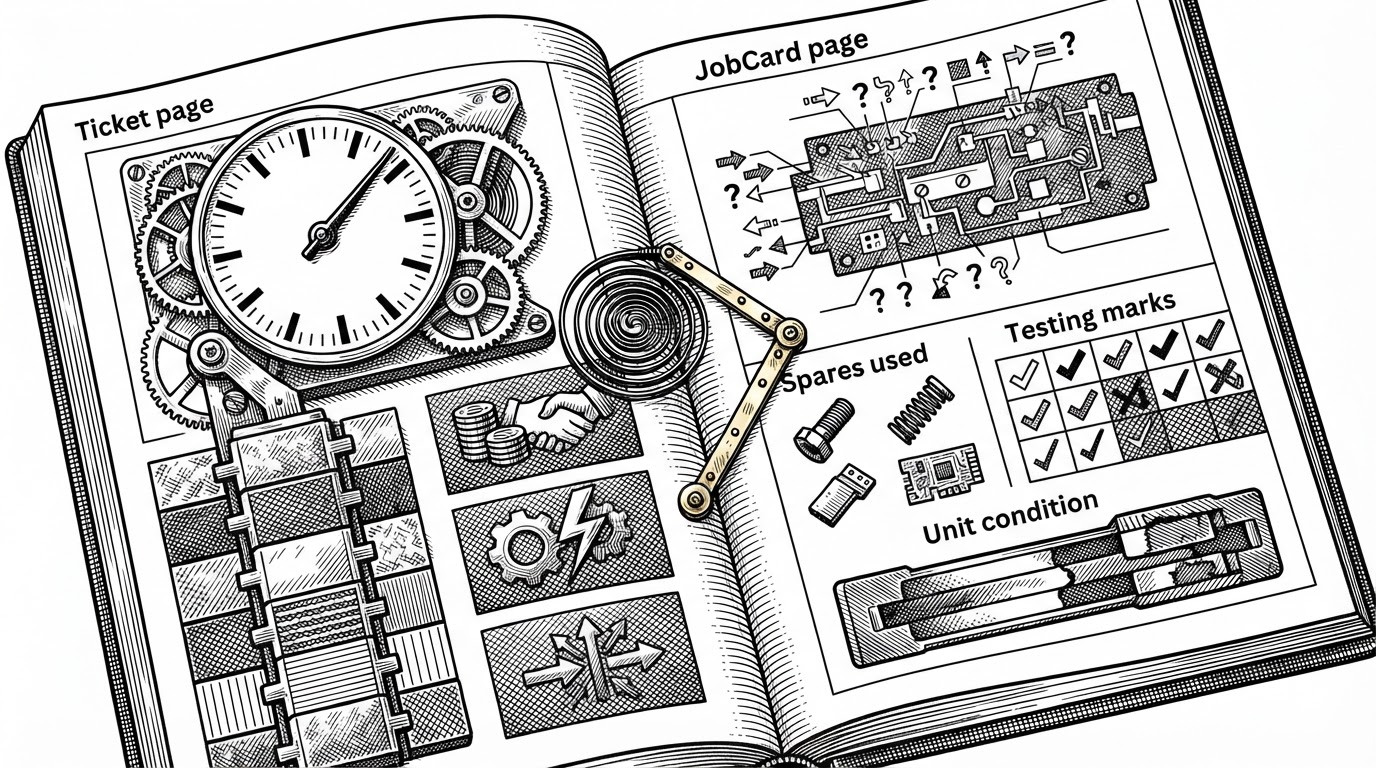 A close-up editorial illustration of a split ledger. The left page shows a Ticket with customer-facing status and an SLA clock. The right page shows a JobCard with diagnostic notes, spares, testing, and dispatch details. A thin mechanical linkage connects the two pages, showing that they are related but not identical.