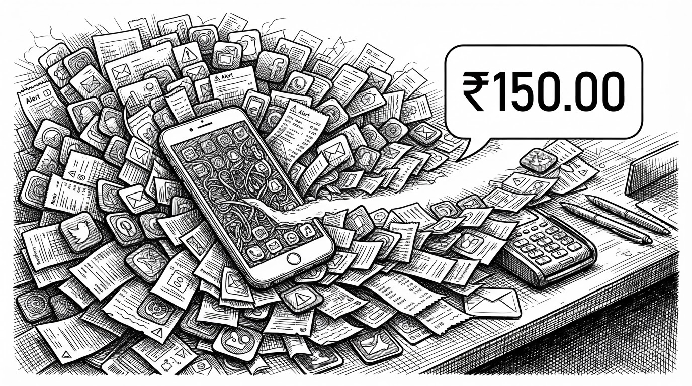 A smartphone on a merchant counter sits inside a swarm of messy notification slips from different apps, with only one clean path leading to a spoken amount bubble. The scene explains how the app converts noisy Android alerts into trustworthy voice announcements.
