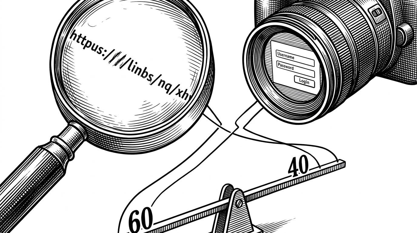 A close-up of two instruments aimed at the same suspicious site. One magnifies the URL characters, while the other captures the rendered page. Their outputs converge at a weighted balance marked 60 and 40, with the URL side slightly heavier. The image explains why the repo uses late fusion instead of equal voting.