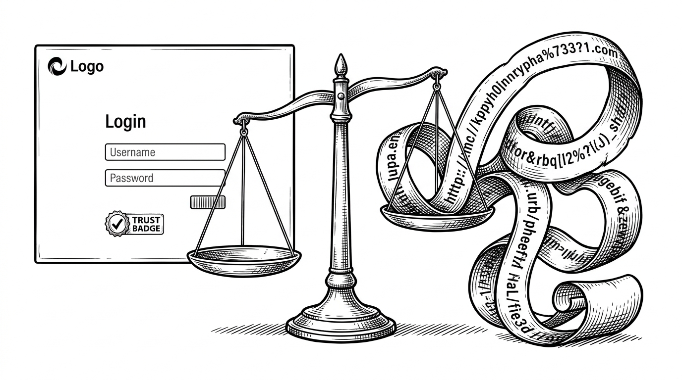 A phishing page appears as two competing identities. One side looks polished and familiar, while the other side is a messy URL ribbon wrapped like a forged stamp. Both are funneled into a single scale that tips toward the address bar. The image explains the repo's core idea: phishing is not one deception, but two signals that have to be reconciled.